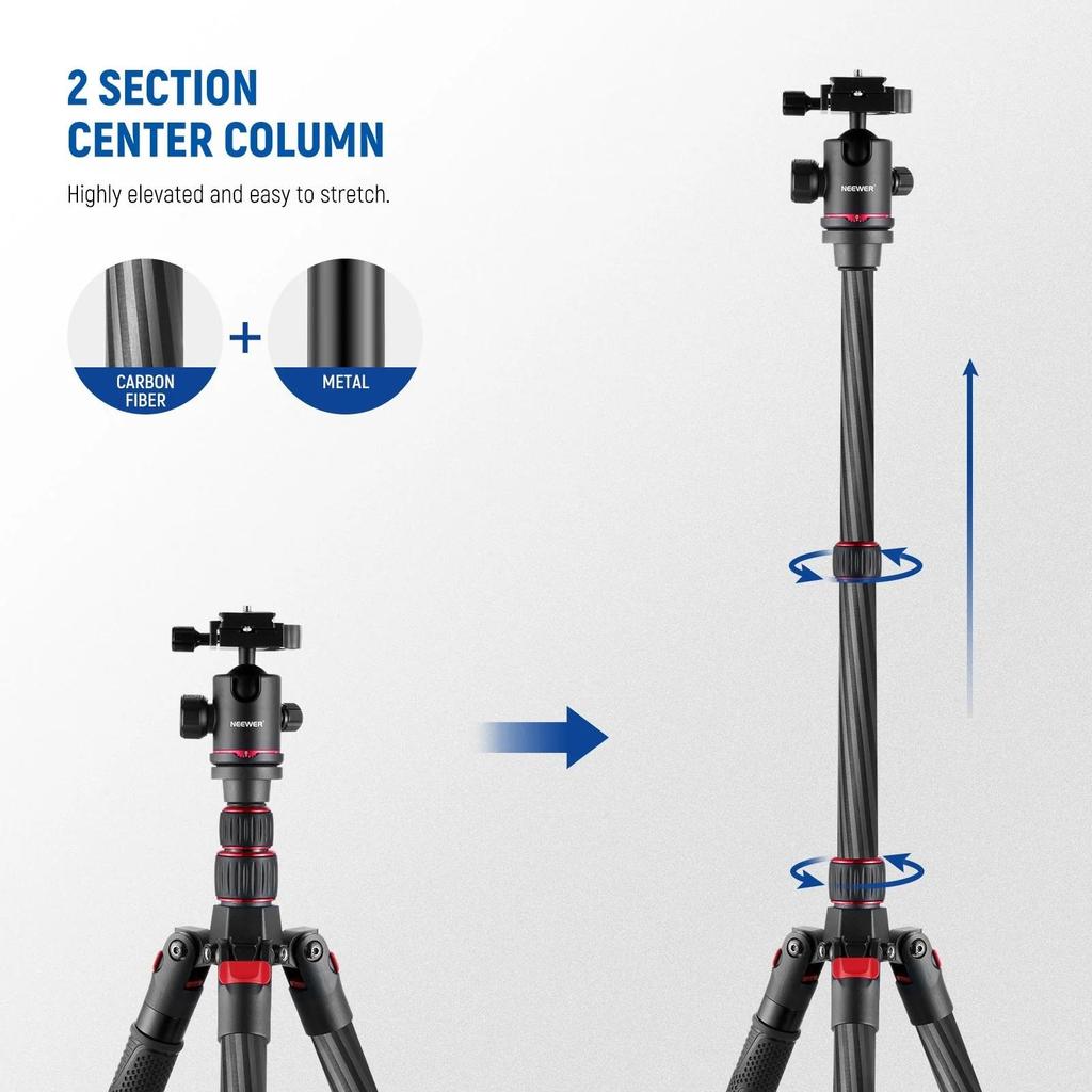 NEEWER N55CR - 205 Cm Carbon Fiber Travel Tripod, New Camera Tripod with 2-Section Center Column, 360° Panoramic Ball Head