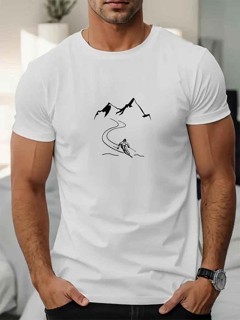 European Size Men's Ski and Snowboard Graphic Casual T-Shirt - Summer Short Sleeve Crew Neck Mountain View Design, Breathable