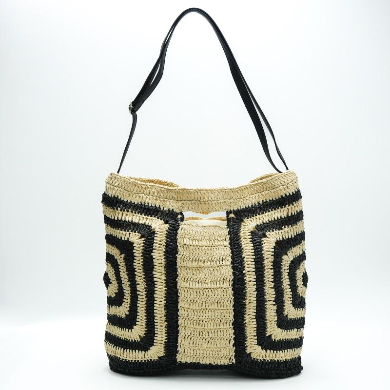 New striped large-capacity straw bag casual black edge shoulder hand-woven bag seaside vacation beach bag