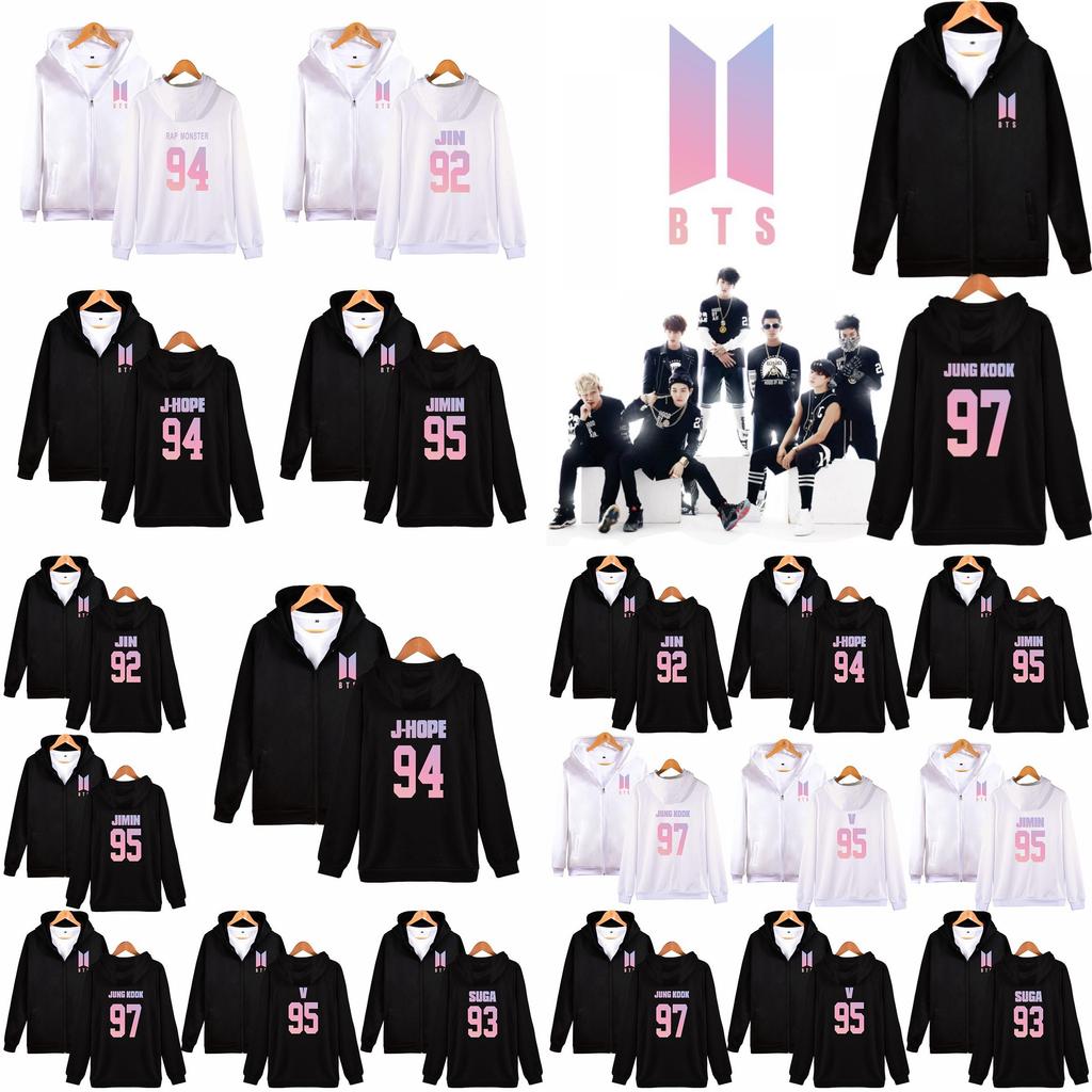 Sweat à capuche avec fermeture éclair et motif BTS pour adolescents, style décontracté