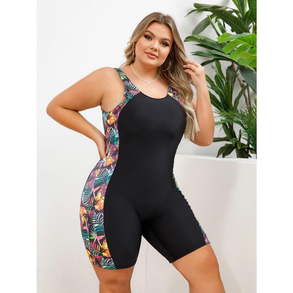 European and American One-piece Plus-size Swimsuit Sports and Knee-cover Slim-fit Sports Flat-angle Swimsuit