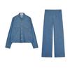 Patch Pocket Long Sleeves Lapel Denim Shirt 4387027 Thin Belt Wide Leg High Waist Denim 4387025