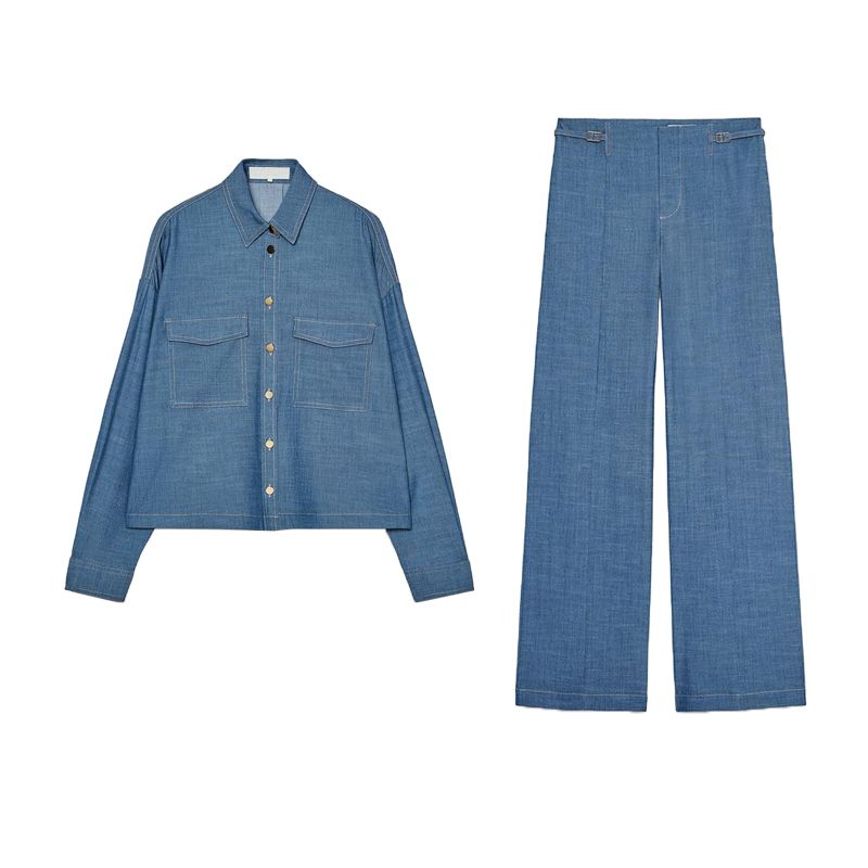Patch Pocket Long Sleeves Lapel Denim Shirt 4387027 Thin Belt Wide Leg High Waist Denim 4387025