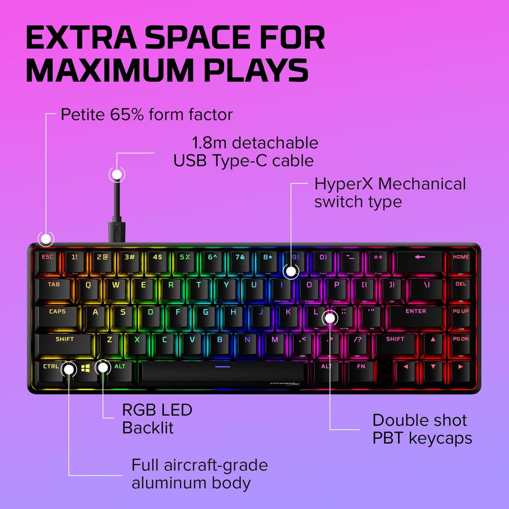 HYPERX Alloy Origins 65 Compact RGB Mechanical Gaming Keyboard with HyperX Aqua Manufacturer Switches, 2-Year Warranty, 56R64AA#ABA