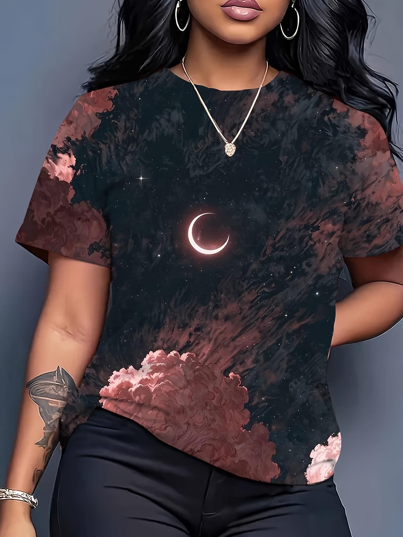 

Women s Loose-Fit Print T-Shirt- Pink and Black Space-Themed Casual Short-Sleeve Top with Crescent Moon Pattern. Soft Round Neck. Suitable for Spring M дубильная кора