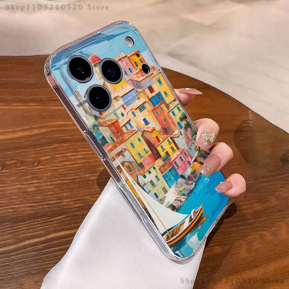 

Стилизованные домики Картина Чехол для телефона Для iPhone 17,16,15,14,13,12,11 Pro,Max,Plus,X,XS,XR,SE4,E Mini Прозрачный Мягкий Чехол iPhone12mini