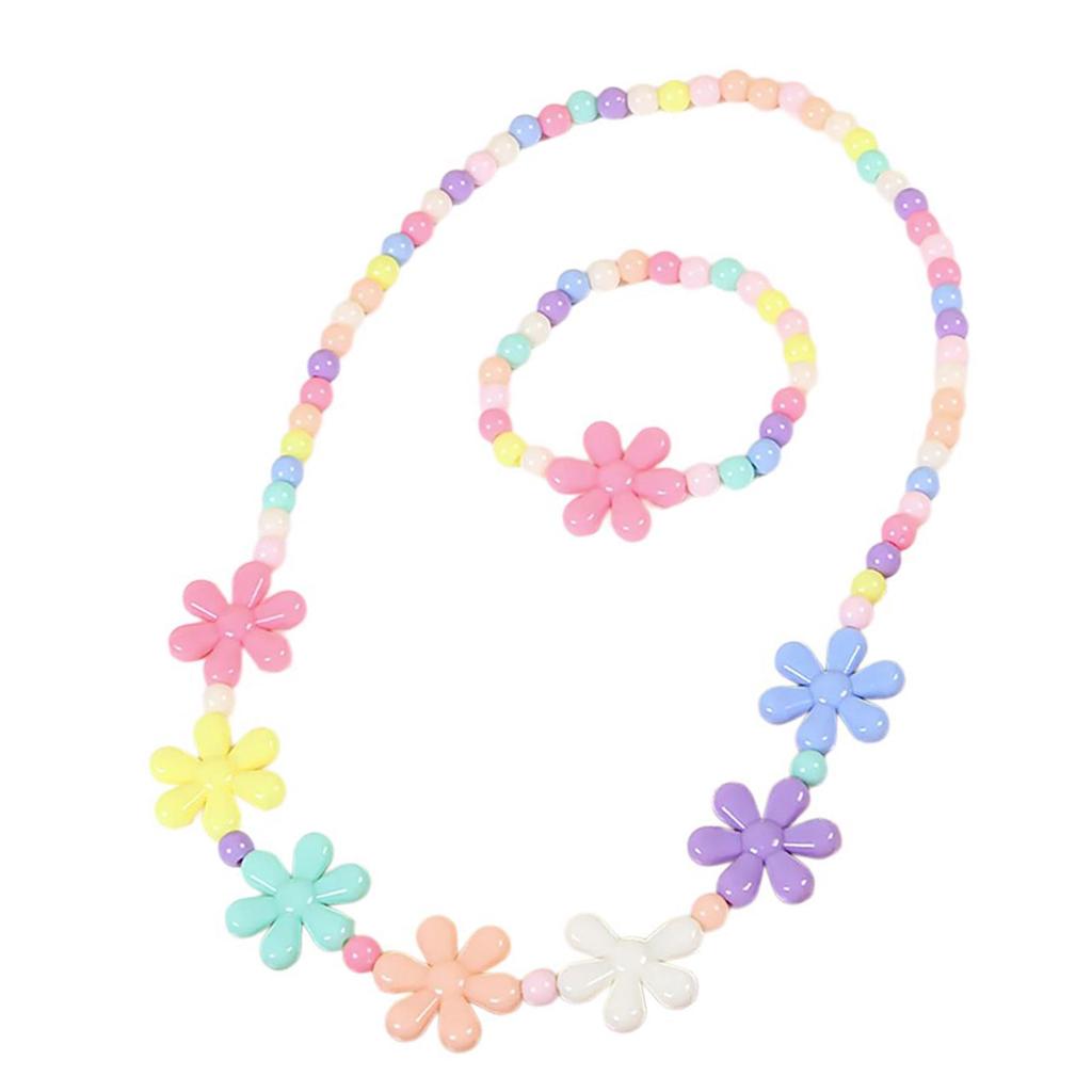 Cuteness Flower Rainbow Necklace and Bracelet Set Charm Jewelry Set Colorful Beads Jewelry Plastic Texture for Girls
