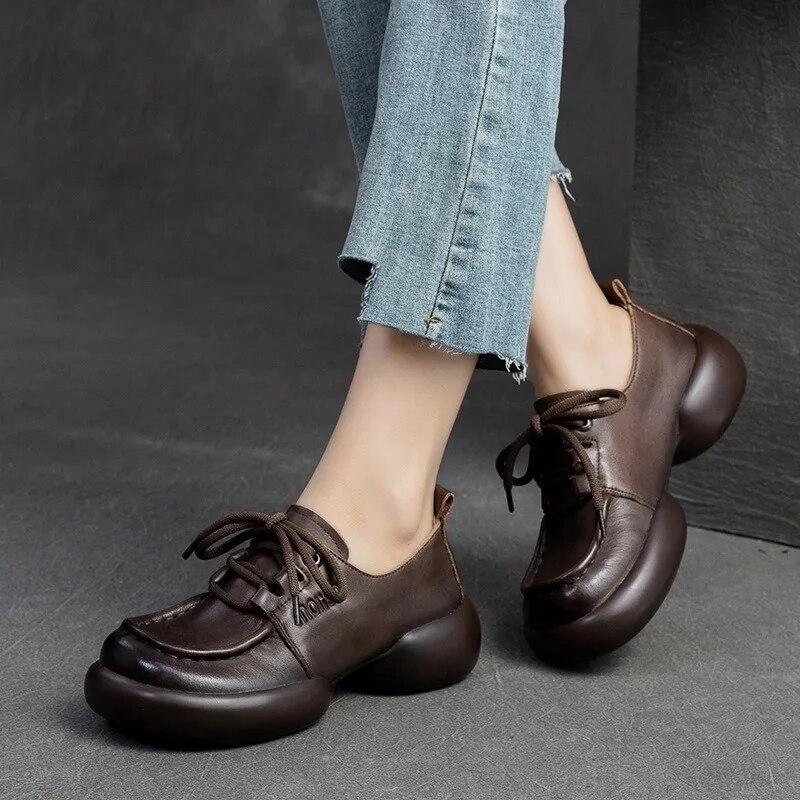 Johnature Genuine Leather Retro Handmade Thick Sole Versatile Pumps Casual Lace-up Women's Shoes