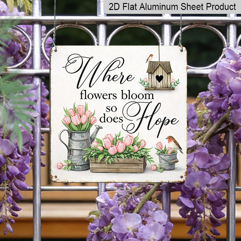 

2D Flat - 1pc Design Featuring A Spring Inspirational Decoration with Tulips and A Robin Emblem, A Vintage Aluminum Sign, Home Wall Decor, Perfect 20*20cm