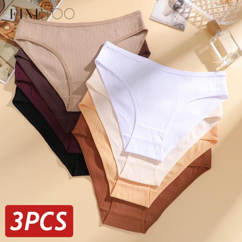 FINETOO 3PCS Women Seamless Cotton Panties Ribbed Low Rise Jacquard Underwear Elastic Comfortable Female Briefs Breathable Sexy Lingerie
