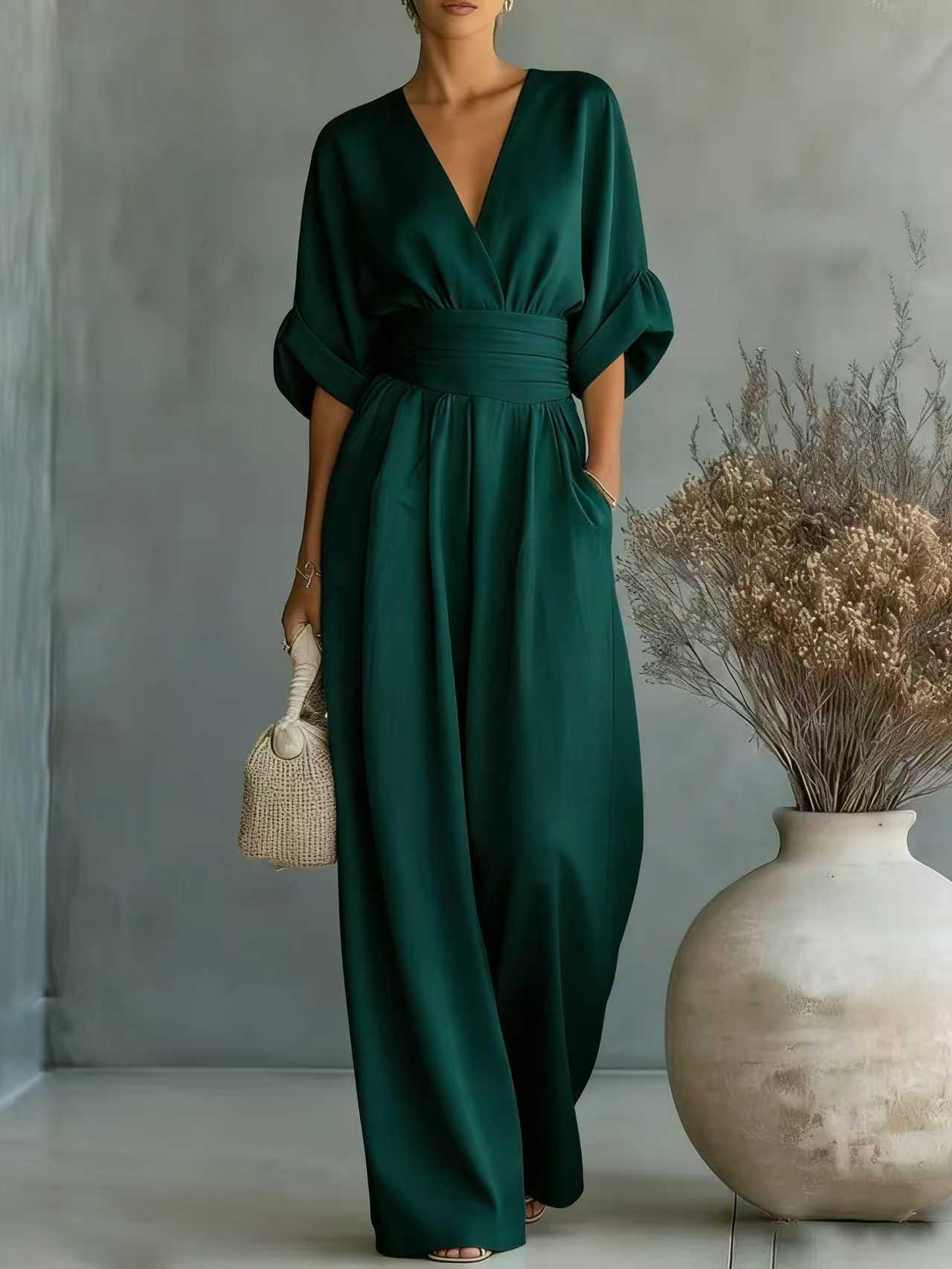 2026 Women s Deep V-Neck Cinched Waist Wide-Leg Jumpsuit Set S