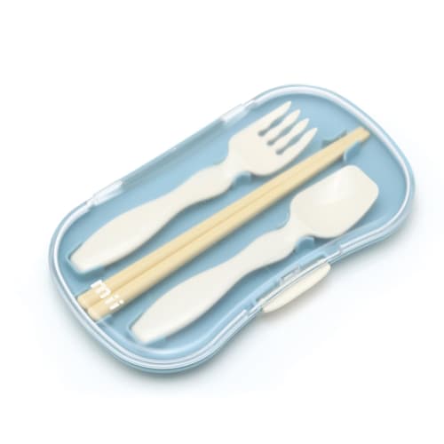 Mii Trio Cutlery Set, Blue, Bento Chopsticks, Children's Chopsticks, Spoon, Fork Set with Case, Made In Japan
