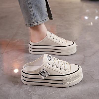 Canvas Half Slippers Women's Summer Outer Wear New High-end Thick Bottom Heightened No Heel Lazy