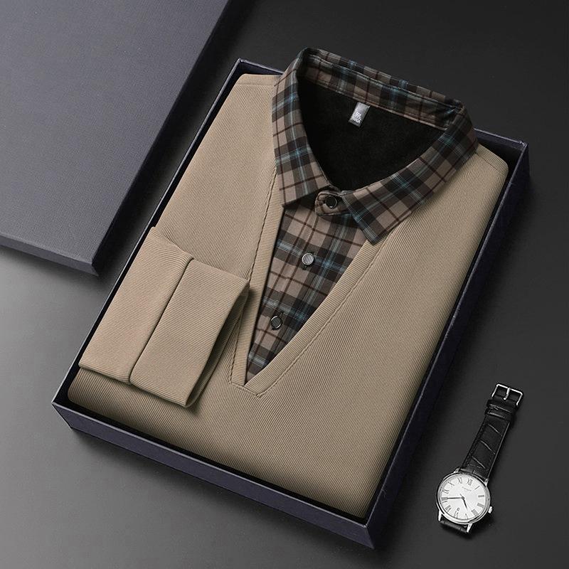 Business T-Shirt Match Plaid Men'S Shirt Collar Long-Sleeved Polo Shirt Fake Two-Piece Knitted Bottoming Shirt