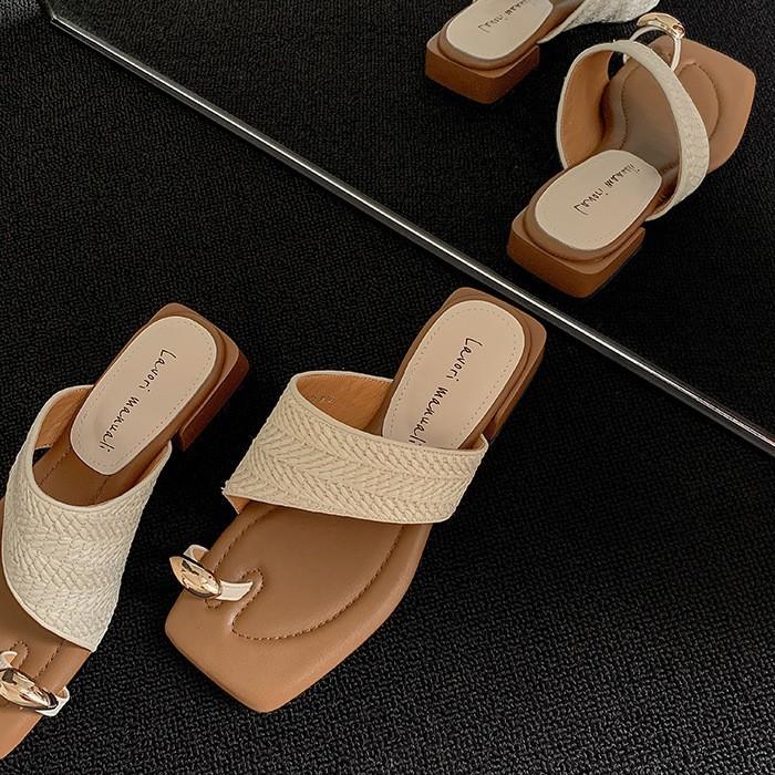 Sheepskin Version of Seaside Vacation with Skirt, Straw Cover, Cool Toe Slippers, Fashionable Outer Wear, Square Heel, One and a Half Characters, Wome