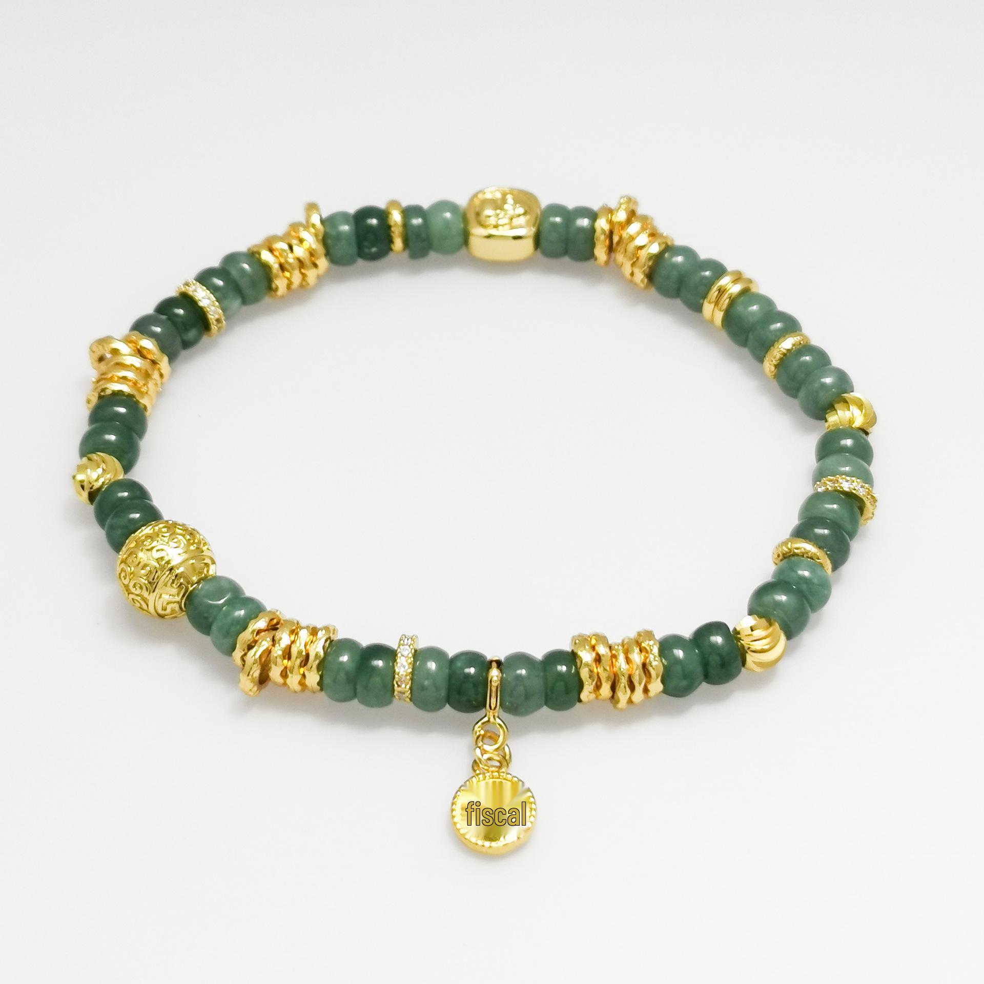 Jade Coin Pattern Gold-Plated Copper Bracelet with Embossed Tube All Natural