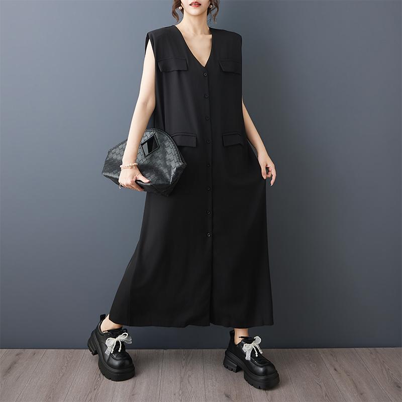 Ärmelloses Übergröße schwarzes Vintage Neu in Kleider für Frauen lässiges lockeres langes Sommerkleid