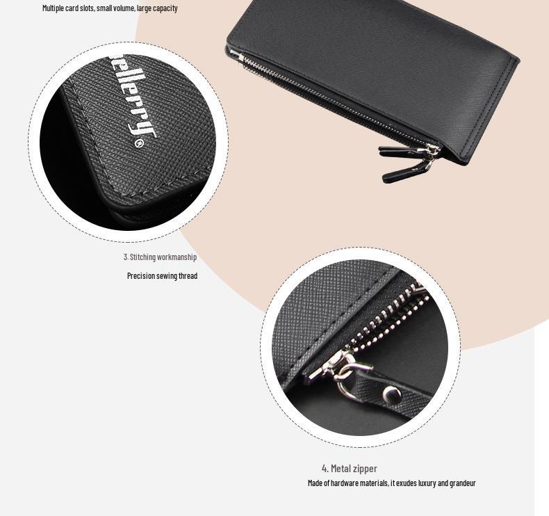 Baellerry Men's Long Wallet: European & American Style, Cross Pattern, Multi-Card Holder, Zipper Design.