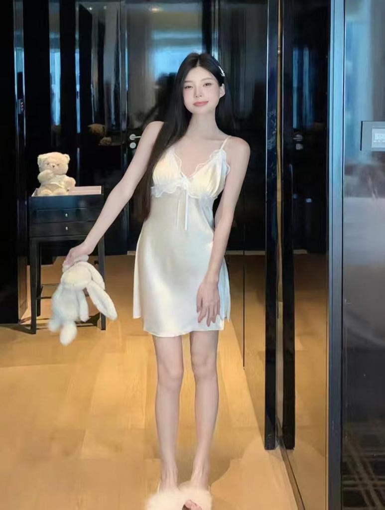 Ice Silk Women's Nightgown - Sexy Lace-Trimmed Slip Dress for Summer & Spring