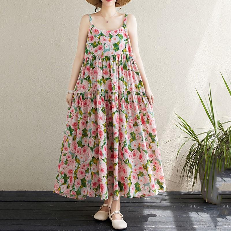 

Хлопок без рукавов на бретельках больших размеров, новые винтажные платья с цветочным принтом для женщин, повседневное свободное длинное летнее платье