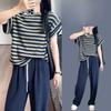 Summer Suit for Women, Fashionable and Age-reducing Striped T-shirt Top, Casual Wide-leg Pants Two-piece Set