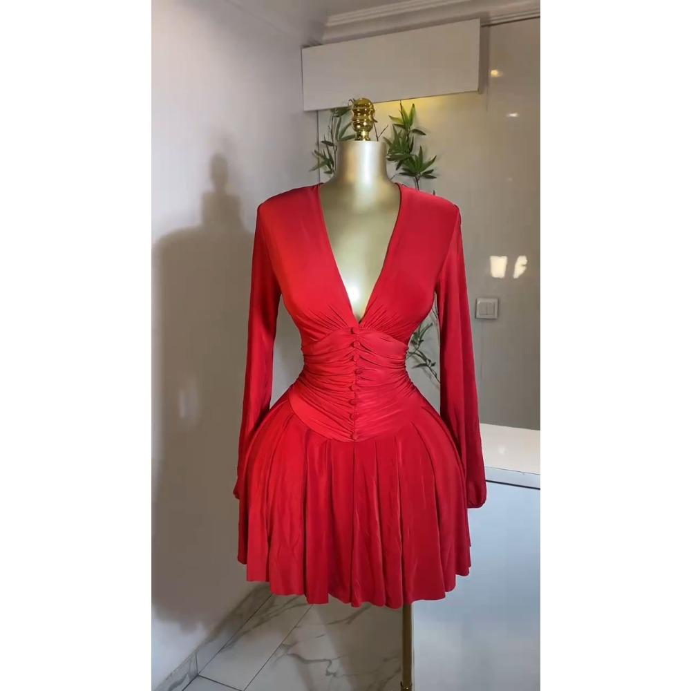 Women's V Neck Long Sleeve Mini Dress Slim Fit Mid Waist Elegant Pleated Knit Short Dress For European American Women