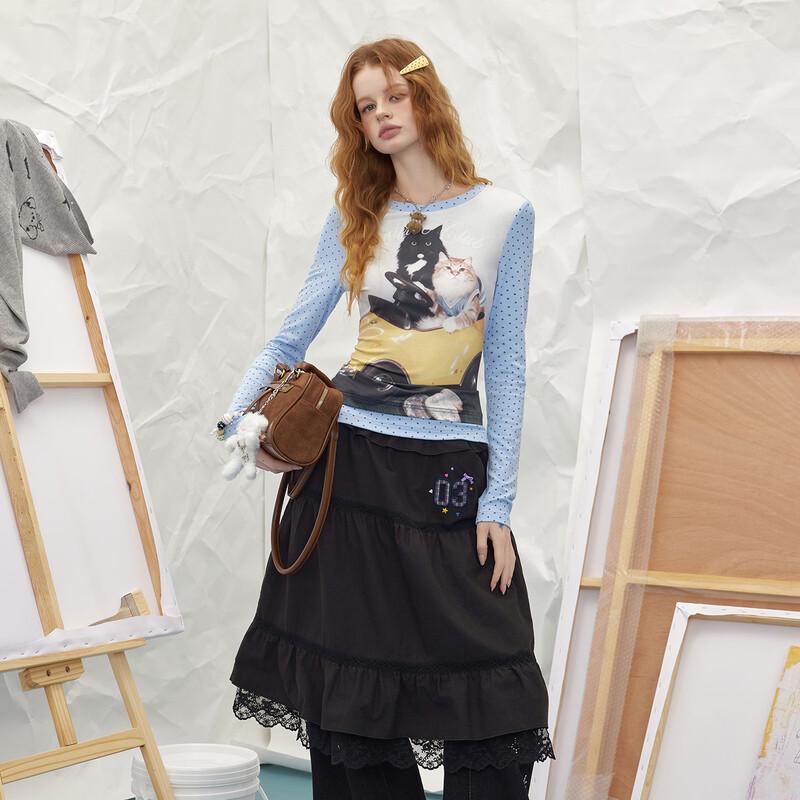 UNIFREE Faux Two-Piece Colorblock Printed Long Sleeve T-Shirt