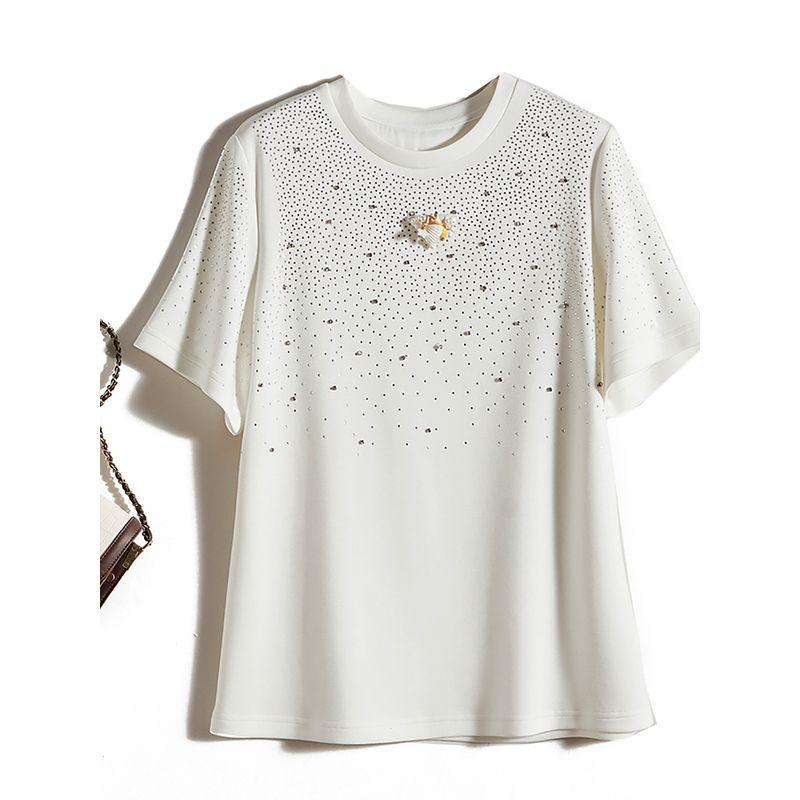 Area Water Soluble Drill! Easiest for Match Girls' Fashionable round Neck Short-Sleeved Stretch Cotton Flash Heart T-shirt All Year Round Wearable