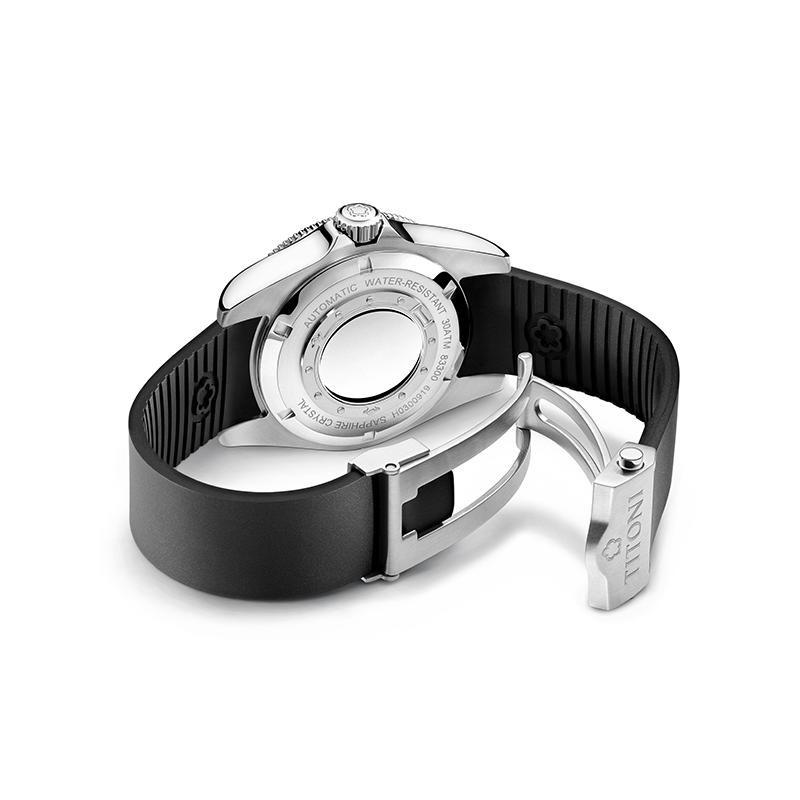 Titoni Pruimenbloesem oceaanverkenning serie mechanisch uurwerk 300 meter horloge 42 mm blauwe wijzerplaat roestvrijstalen kast siliconen band 83300 S-BE-R-705