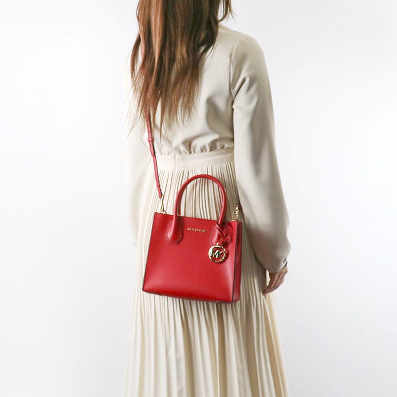 Michael Kors Mercer Litchi Grain Leather Tote Bag, Shopping Bag, Handbag, Shoulder Bag, Crossbody Bag Medium Women's 35S1GM9M2L-BRIGHT RED