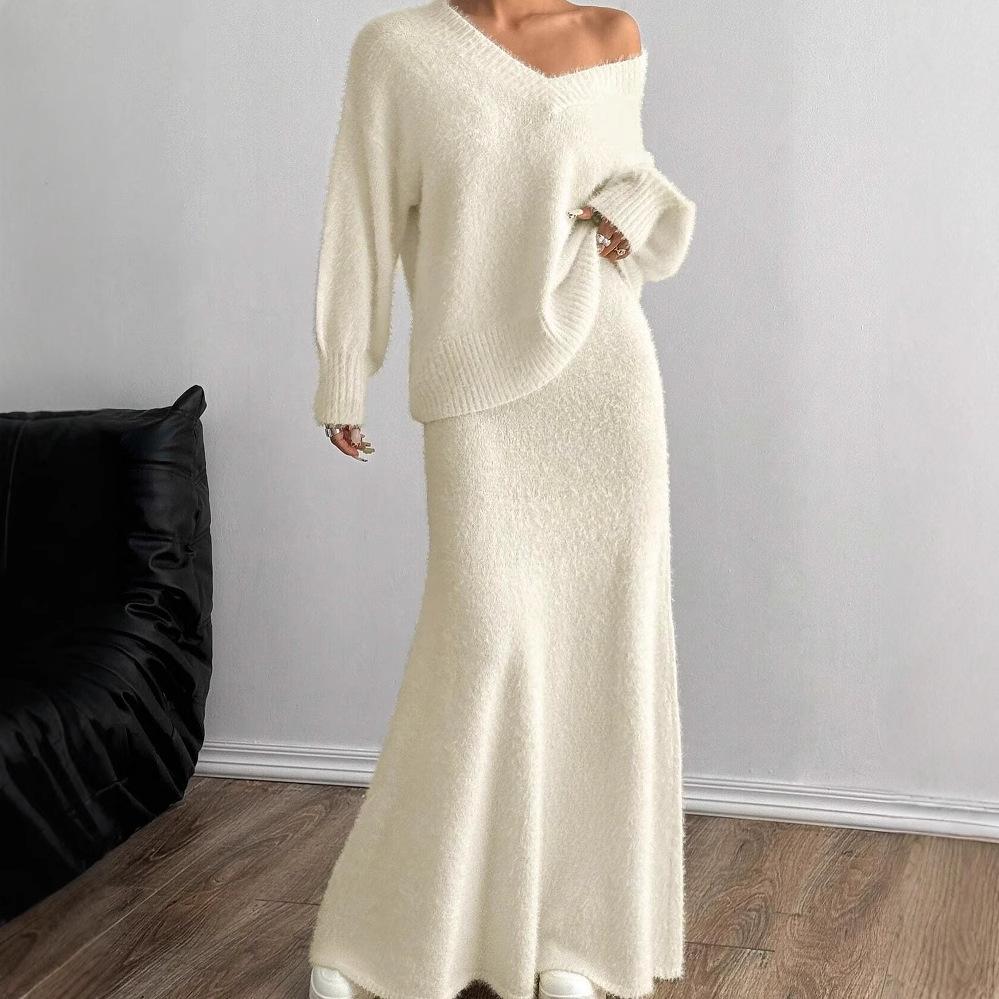 2024 Herbst Damen Einfarbig V-Ausschnitt Gestricktes Zweiteiliges Set – Weich und Bequem