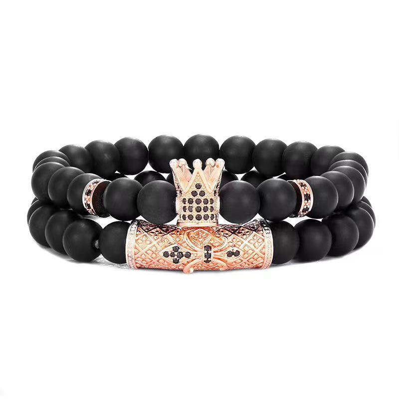 European Micro-Inlaid CZ Crown & Frosted Stone Elastic Bracelet Set for Men & Women