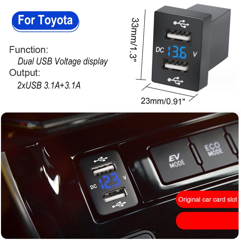12V-24V Car Charger Socket Adapter Dual USB Ports Fast Charger Socket with Voltage Display for Toyota Auto Accessories 40X22mm