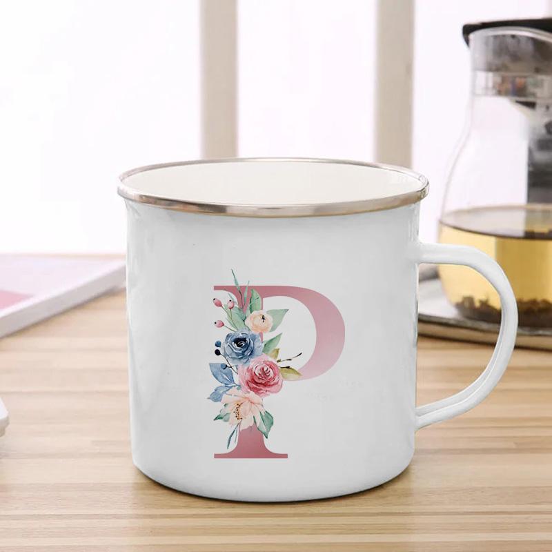 26 Initialen Rosa Buchstaben Blumen Druck Emaille Tasse Kaffeetassen Tassen für Kaffee und Tee Ungewöhnliche Teetasse Personalisierte Geschenk Tassen Cupshe