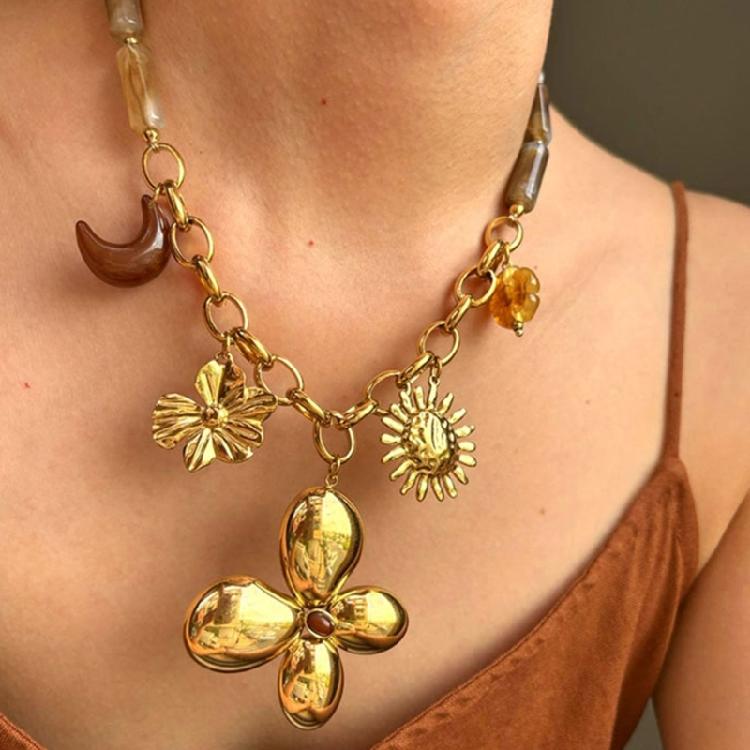 Fashionable Floral Sun Resin Beaded Necklace Retro Clavicle Chain Stainless Steel Neck Jewelry For Women