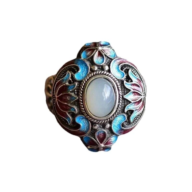 Designer Original Craft Intarsien Emaille Porzellan Lotus Natürlicher Chalcedon Verstellbarer Ring Ethnischer klassischer Damenschmuck