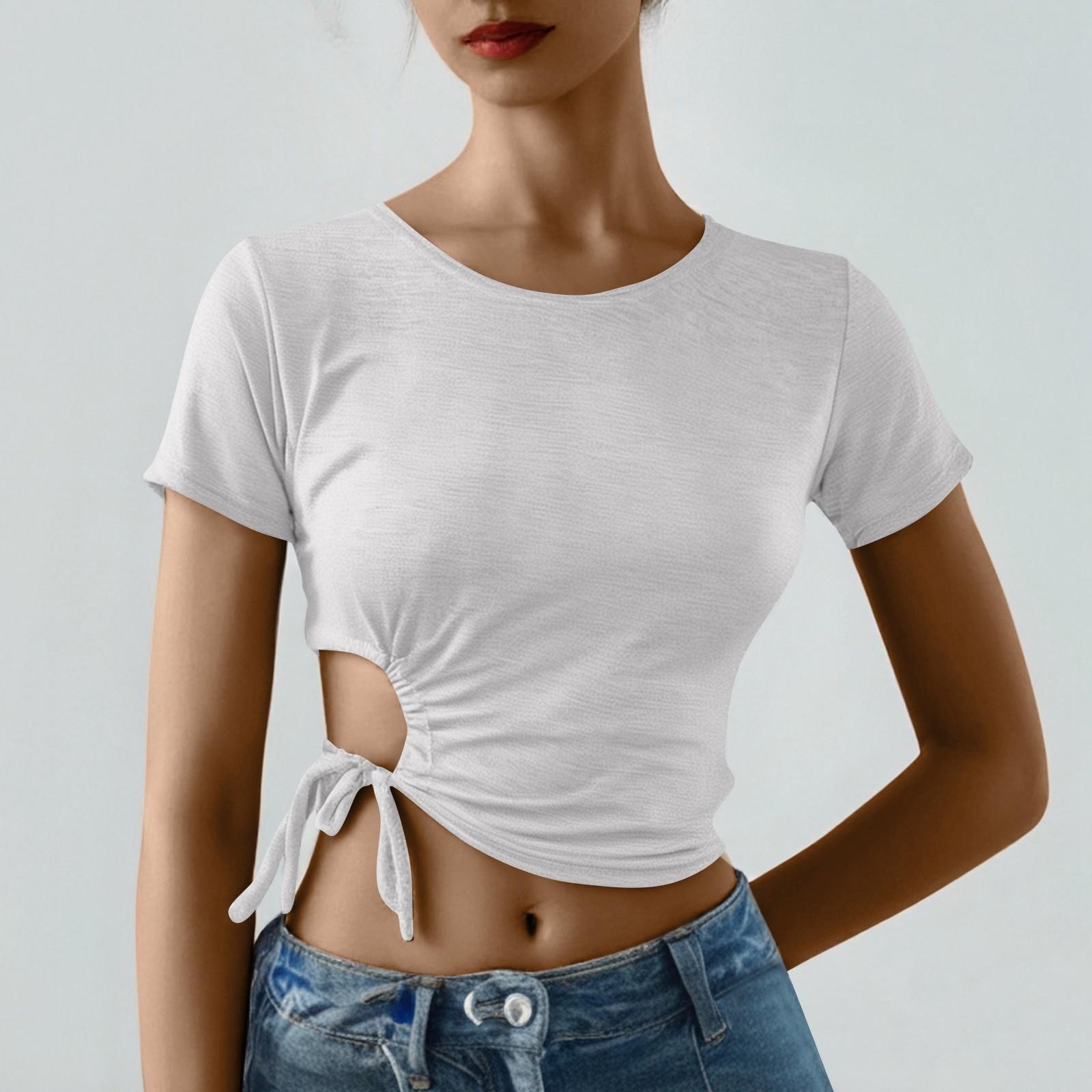 

Women s Solid Color Round-neck Short-sleeved Top With A Fitted C-shaped Drawstring Lace-up Top T-shirt S белый