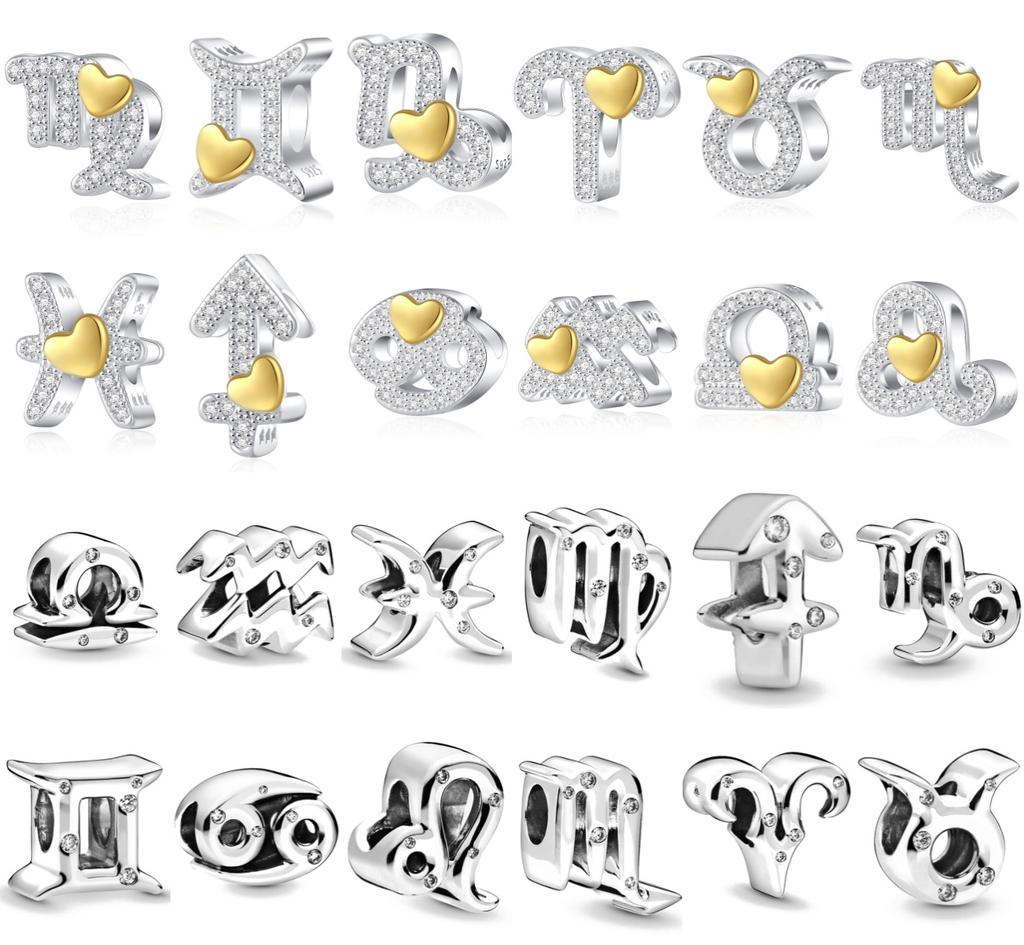 925 Silver Sparkling 12 Zodiac Charm Bead Pendant Fit for Original Bracelets DIY Accessories Exquisite Jewelry Gift