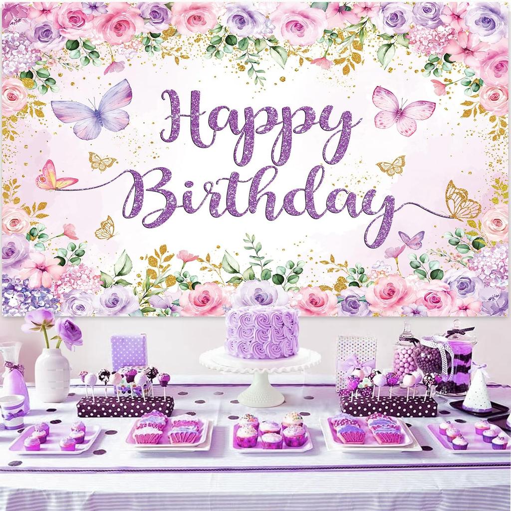 Purple Floral Happy Birthday Backdrop 7x5FT Watercolor Butterflies Flowers Ph...