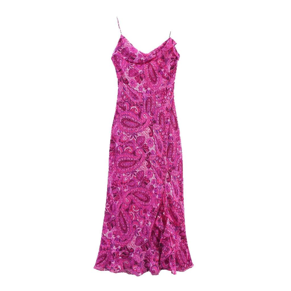 European & American Women's Summer 2025 Backless Patchwork Ruffle Hem Midi Dress with Spaghetti Straps