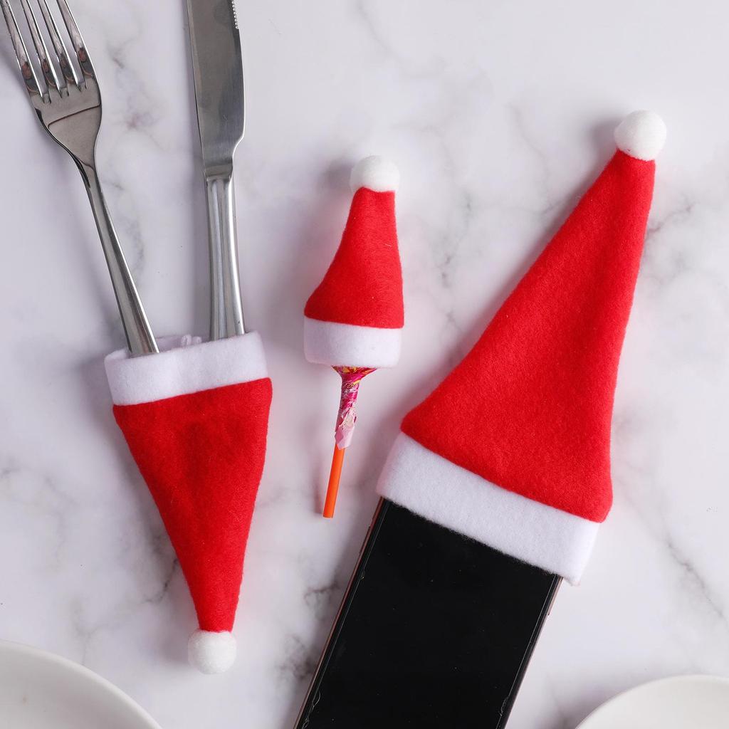 Qiao Ding Christmas Mini Hat & Knife Fork Set: Brushed Cloth Decor for Home, Wine Bottle Cover