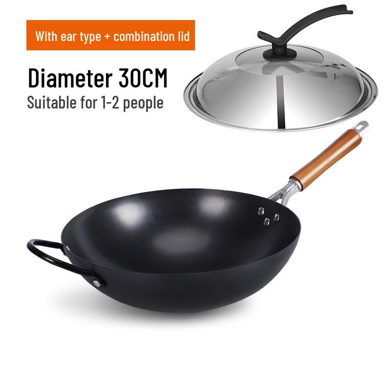 Old-Fashioned Non-Coated Cast Iron Wok, Round Bottom, Non-Slip, Non-Stick, Gas Stove Compatible, Nitrided Fine Iron.