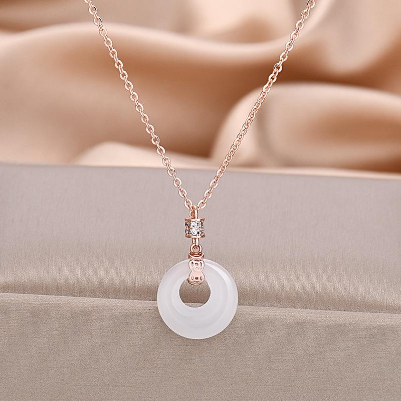 Women s Retro Ping An Kou Necklace - S925 Sterling Silver with Natural Chalcedony and Blessing Design. Versatile, Niche Jewelry Accessory. 925 Sterling Silver розового золота