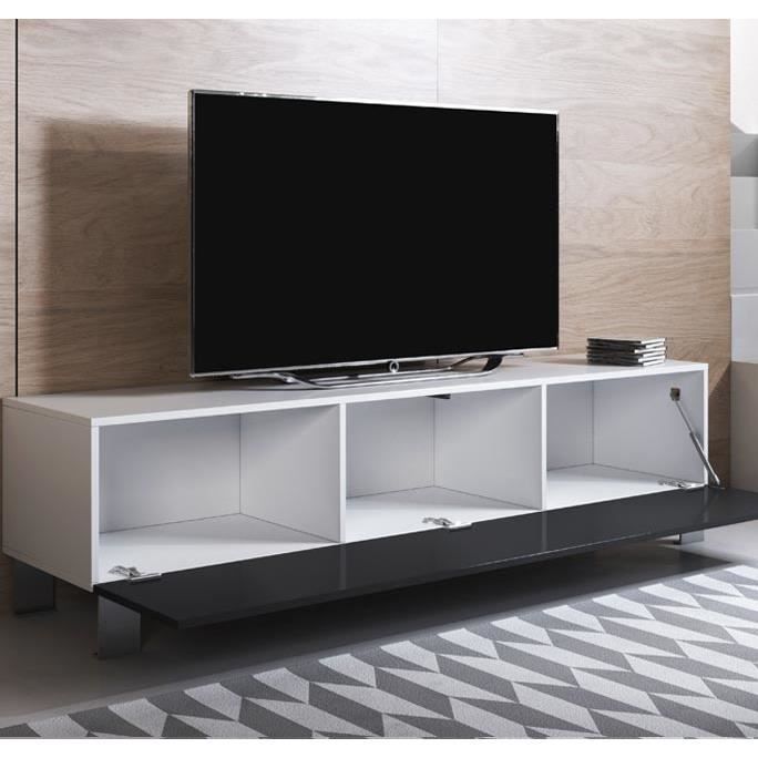 Meuble TV LUKE H2 160 x 42 x 40 cm - 1 porte, 3 compartiments, blanc et noir brillant, pieds aluminium