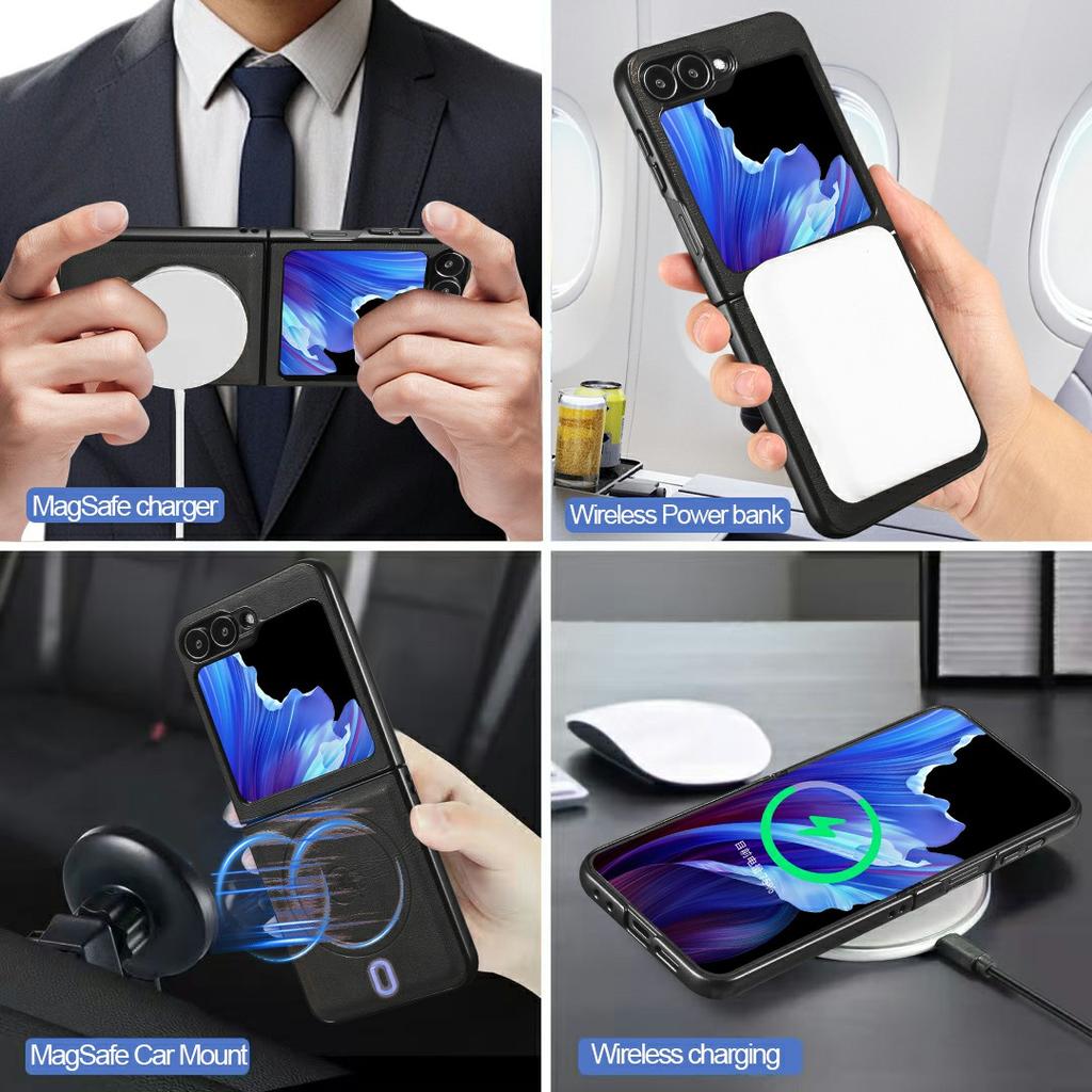 For Samsung Galaxy Z Flip5 5G Magnetic Case PC+PU Phone Back Cover with Detachable Card Holder