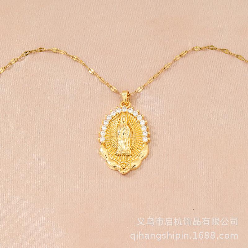 . Oval Necklace Women'S Vintage Court Style Versatile Diamond Virgin Mary Pendant Ornament