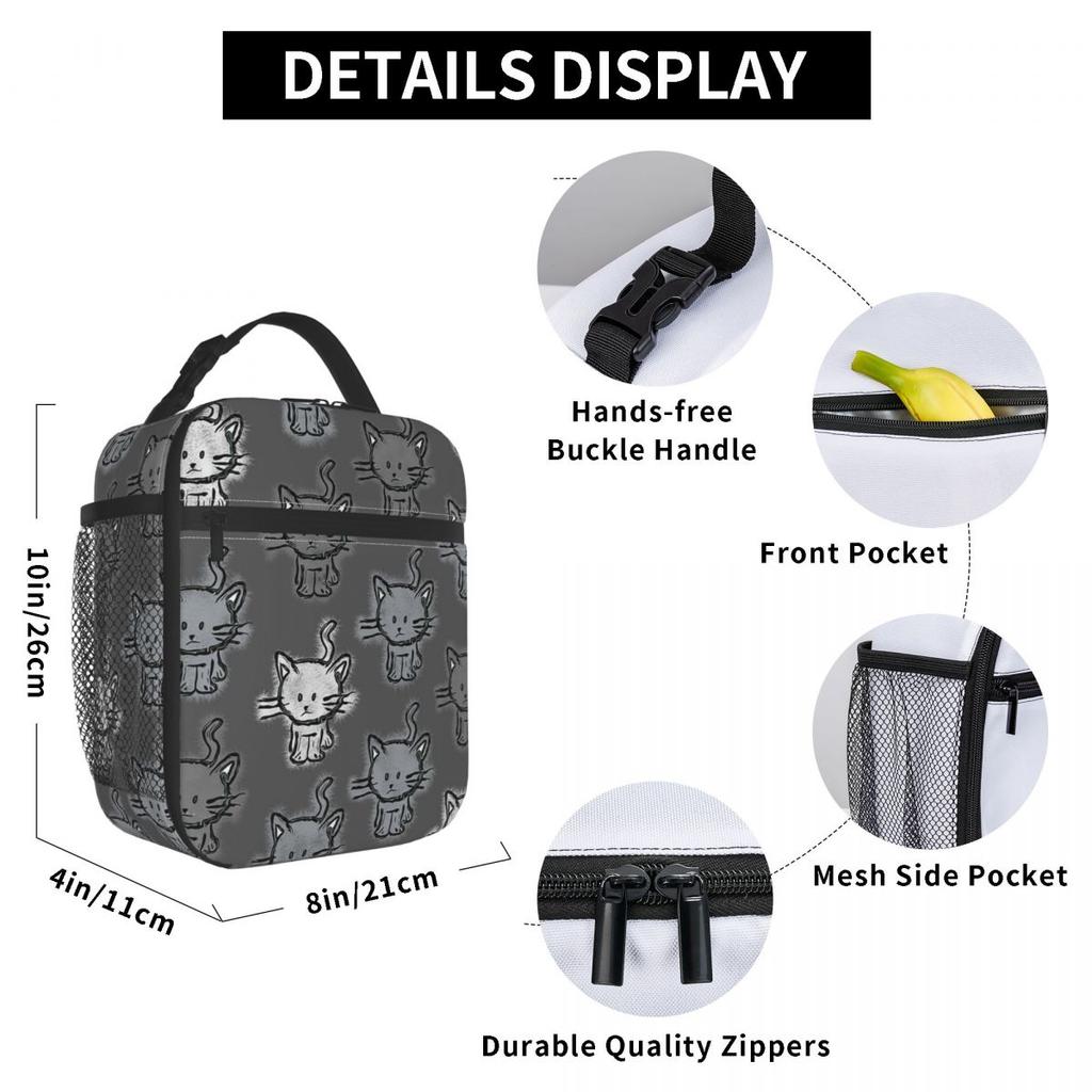 Cartoon Graues Kätzchen Muster Isolierte Lunchtasche für Damen Kinder Auslaufsichere Lebensmittelboxen Thermische Lunchbox Tragetasche