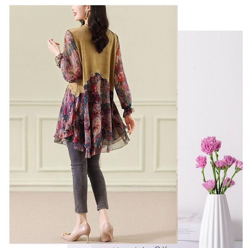 Modisches Patchwork-Chiffon-Shirt mit Blumenmuster für Damen, für Frühling und Sommer