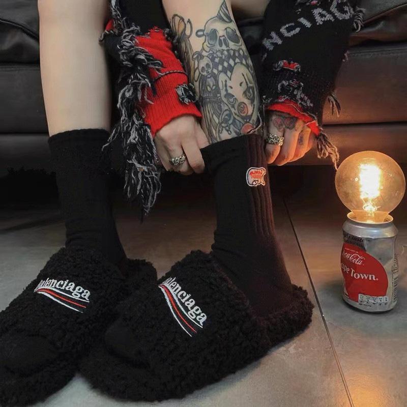 Trendy Polar Bear Embroidery Mid-Calf Cotton Socks for Men & Women - Thickened Terry Bottom, Japanese Style, Sportswear