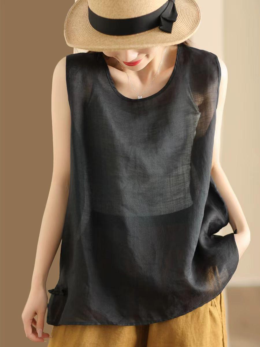 

Johnature Женские винтажные майки-топы, однотонные, летние, с круглым вырезом, без рукавов, на пуговицах, повседневные женские майки-топы One Size чёрный